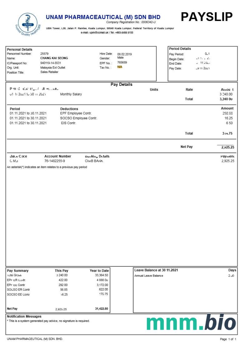Unam Pharmaceutical (M) Sdn Bhd payslip template in Word and PDF formats